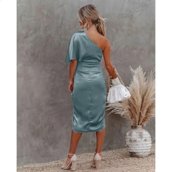 Anrabess NWT Satin Mint green One Shoulder  Bodycon Midi cocktail dress-L - Picture 3 of 12